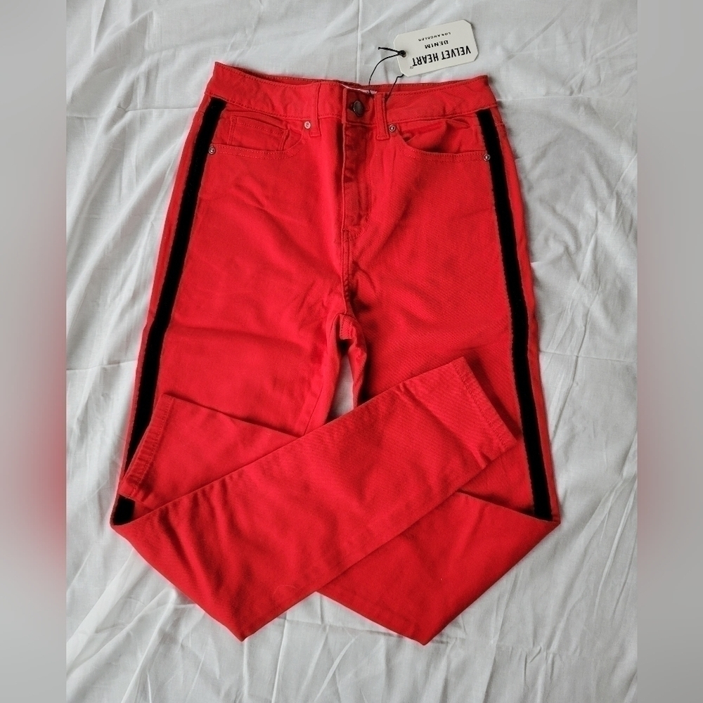 Velvet Heart Denim NWT red w/Black velour stripe Hallie High-rise skinny 27